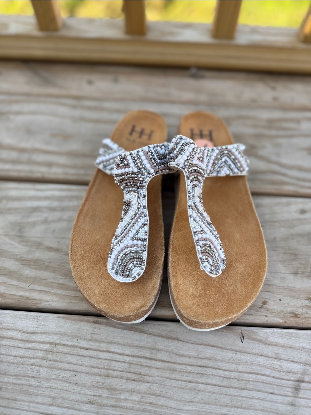 Haute Hippie White and Tan Beaded Thong Sandals NWT